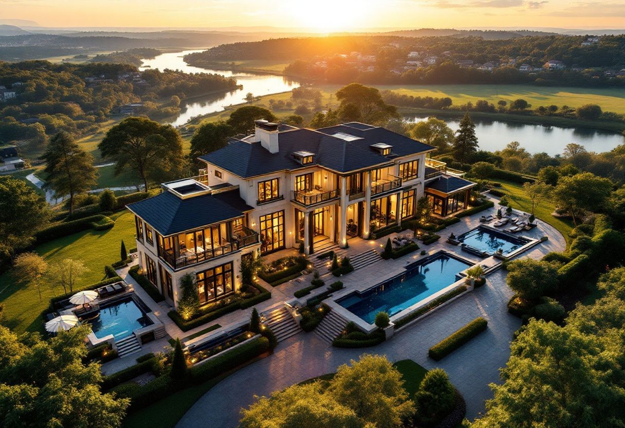 Luxurious mansion with pools, manicured gardens, and panoramic sunset view over a river landscape.