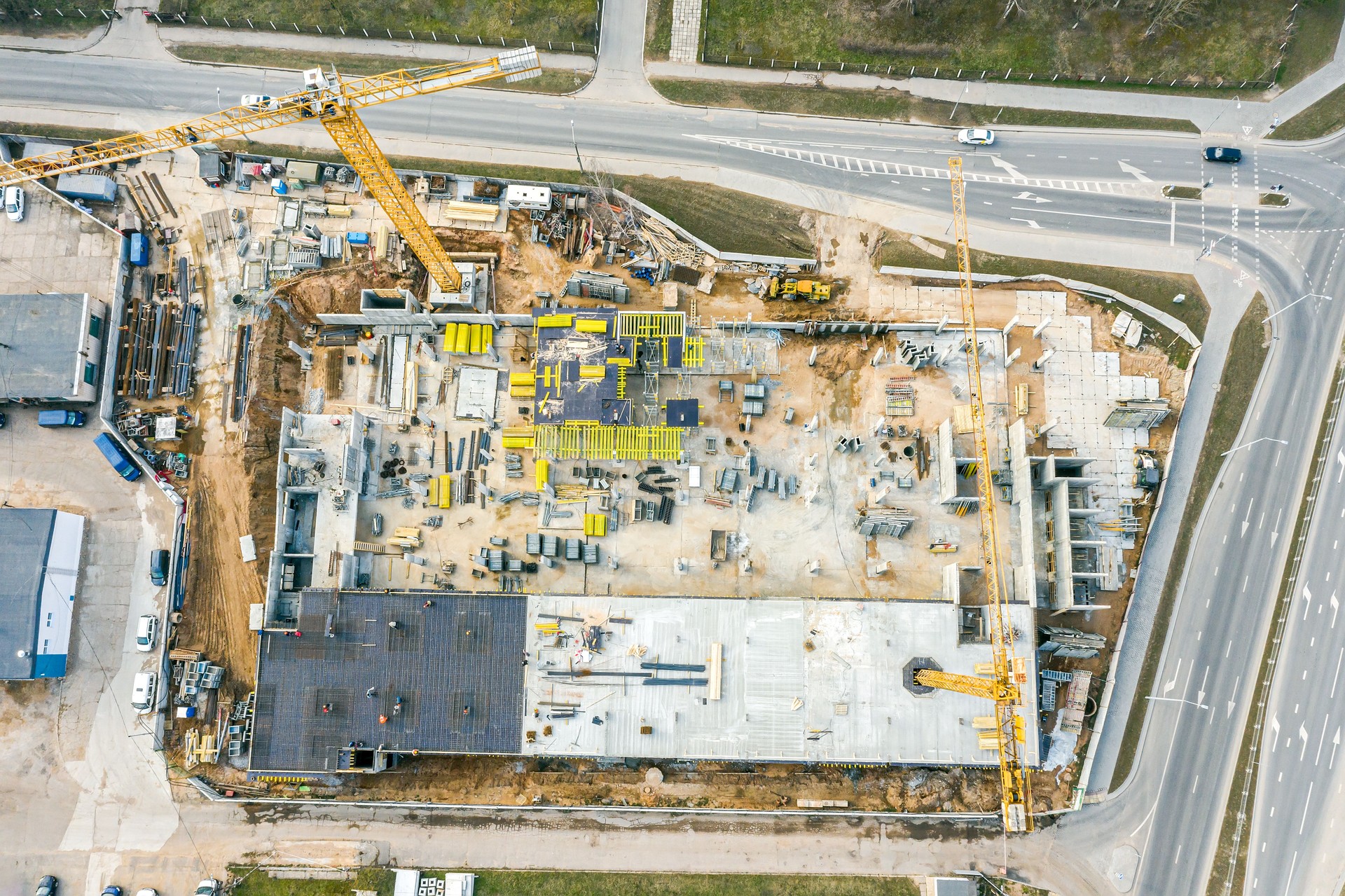 modern apartment building under construction. aerial top view