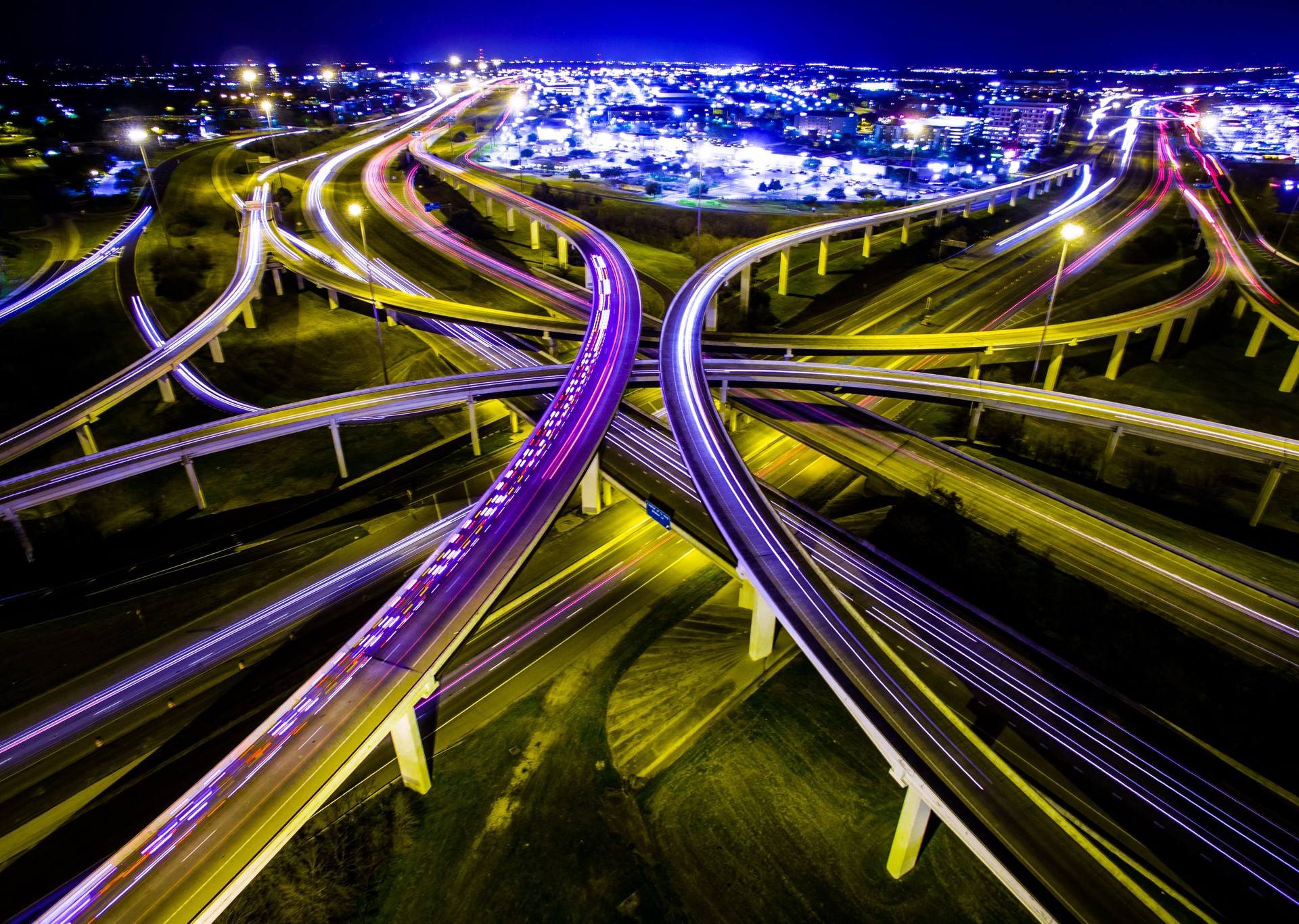 Aerial Austin Ambulance Interstate Interchange Expansive Night TimeLapse